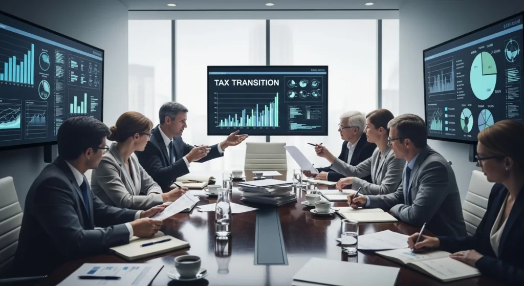 Grupo de empresários e representantes do governo discutindo transição flexível 2026 governo em sala moderna