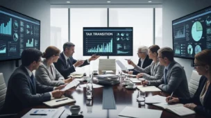 Grupo de empresários e representantes do governo discutindo transição flexível 2026 governo em sala moderna