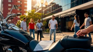 Cena urbana com motocicleta, mãos segurando chave e documento, destacando decisão histórica tj sp sobre propriedade de moto