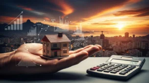 Imagem de uma casa em escala na mão com cidade ao entardecer, gráficos e calculadora, representando reforma tributária aluguel imóveis.