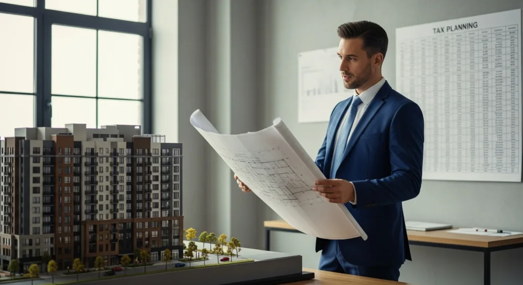 Profissional imobiliário com redutor ajuste estratégia chave, estudando planta e tabela de impostos na construtora