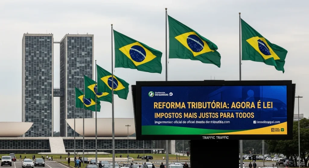 Cena urbana brasileira com edifício governamental, bandeiras e painel de impostos, ilustrando reforma tributária entenda quais