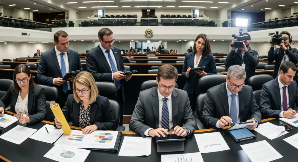 Imagem de um corredor de prefeitura com profissionais discutindo documentos sobre reforma tributária, com foco em vocabulário essencial reforma.
