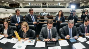 Imagem de um corredor de prefeitura com profissionais discutindo documentos sobre reforma tributária, com foco em vocabulário essencial reforma.