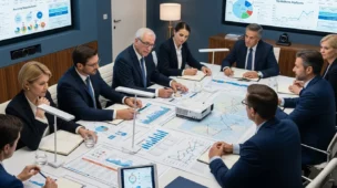 Imagem horizontal de empresários discutindo reforma tributária com mapas e gráficos, simbolizando IBS CBS Revolução IVA.