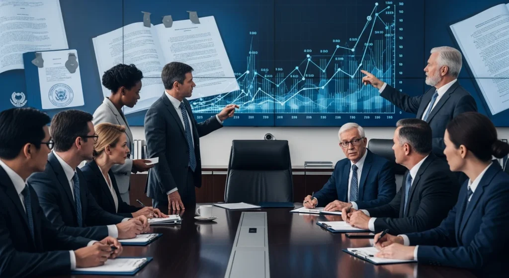 Cena de empresários e governantes discutindo IR exterior pl 2 com gráficos e documentos legais