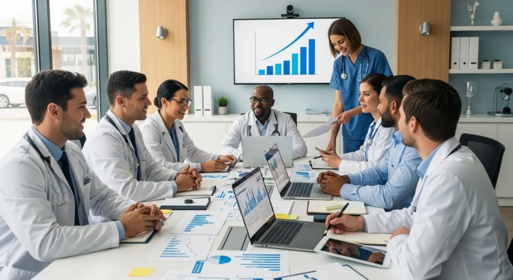 Cena de clínica médica moderna com médicos planejando estratégias sobre reforma tributária para médicos entenda
