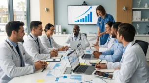 Cena de clínica médica moderna com médicos planejando estratégias sobre reforma tributária para médicos entenda