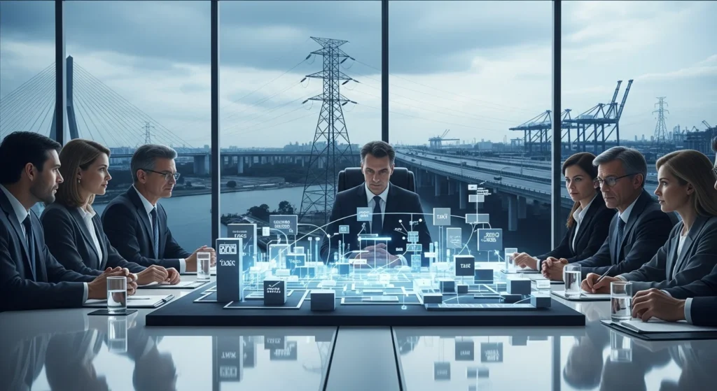 Reunião de executivos com gráfico de tributos, infraestrutura brasileira ao fundo, cores sóbrias