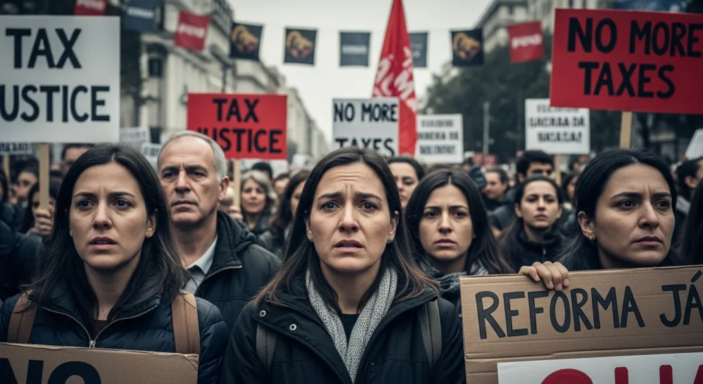 Cena de protesto na rua com pessoas segurando cartazes contra a reforma tributária 8216 tributo