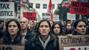 Cena de protesto na rua com pessoas segurando cartazes contra a reforma tributária 8216 tributo