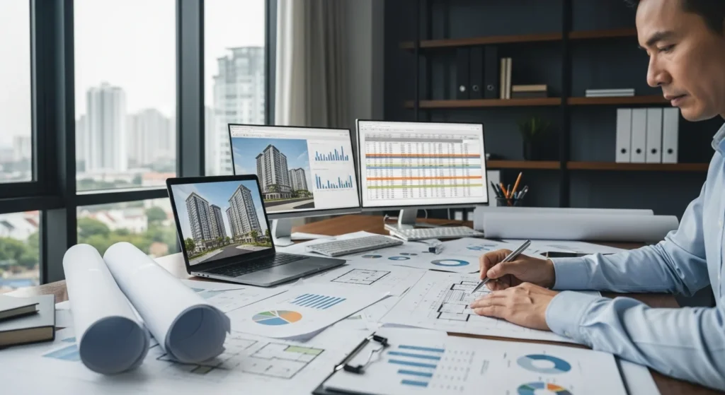 Arquiteto analisando plantas de imóveis em escritório moderno, com gráficos e documentos, ilustrando reforma tributária imobiliária que impacta o setor.