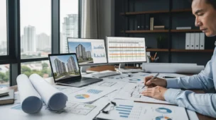 Arquiteto analisando plantas de imóveis em escritório moderno, com gráficos e documentos, ilustrando reforma tributária imobiliária que impacta o setor.