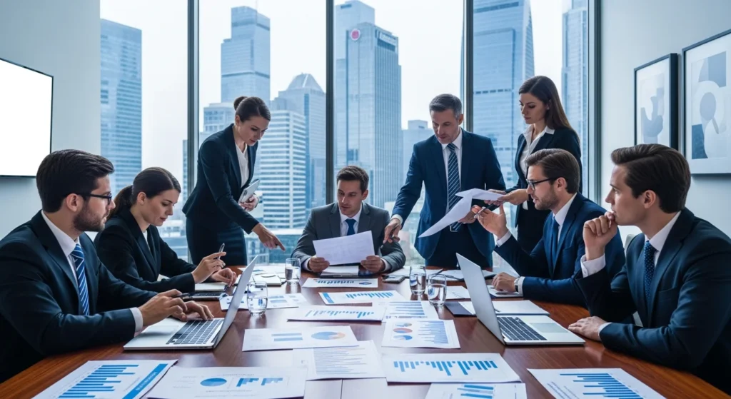 Executivos discutindo documentos legais e gráficos financeiros em sala de reunião, reforçando redução capital social entenda.