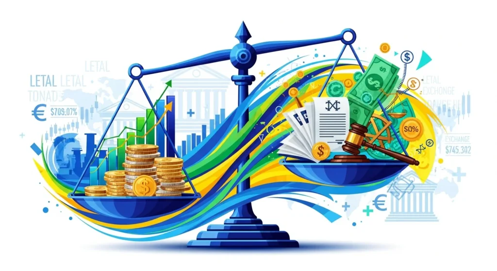 Ilustração da reforma tributária do consumo com balança, moedas, notas e gráficos, cores vibrantes azul, amarelo e verde