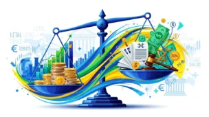 Ilustração da reforma tributária do consumo com balança, moedas, notas e gráficos, cores vibrantes azul, amarelo e verde