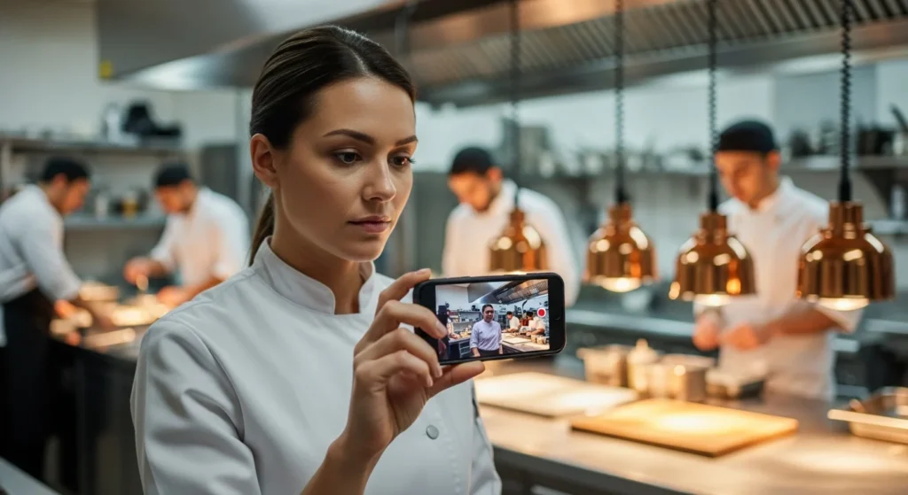 Mulher em uniforme na cozinha confirma justa causa TRT-5 enquanto grava vídeo no smartphone