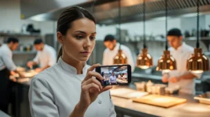 Mulher em uniforme na cozinha confirma justa causa TRT-5 enquanto grava vídeo no smartphone
