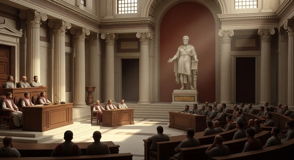 Imagem de uma antiga sala de tribunal grega com estátua de Sólon, ressaltando o poder das leis escritas é em tons terrosos e dourados