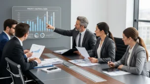 Imagem de sociedades advogados navegando insegurança, analisando documentos e gráficos em escritório corporativo.