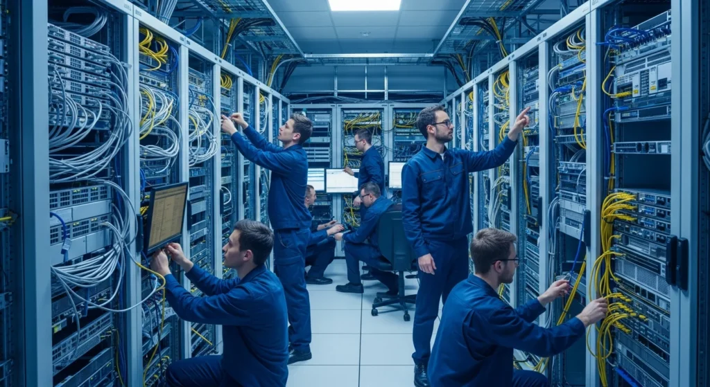Sala de servidores moderna com técnicos ajustando equipamentos, destacando serpro instala 50 toneladas