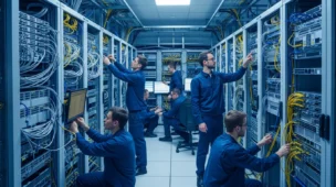 Sala de servidores moderna com técnicos ajustando equipamentos, destacando serpro instala 50 toneladas