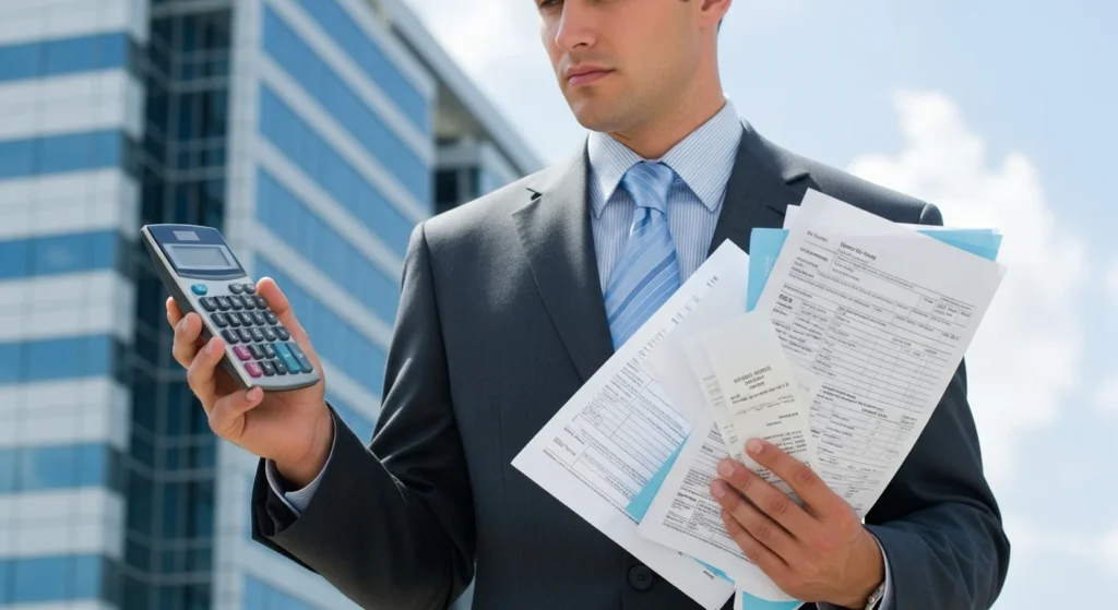 Imagem horizontal de um empresário com calculadora e documentos fiscais ao fundo, cores sóbrias na cor azul, cinza e branco, transmitindo seriedade e gestão financeira, destacando a palavra-chave descobrir verdade tributação dividendos.