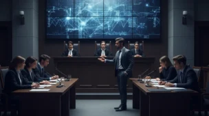 Imagem de tribunal com juízes e advogados em foco, tela com gráficos sobre internet ao fundo, tema STJ julga se provedor deve identificar usuários
