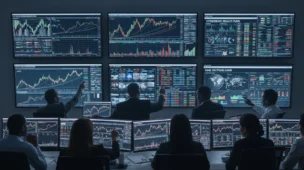 Imagem mostrando sala de controle de investimentos do fundo soberano Noruega vê com telas financeiras e equipe analisando dados.