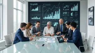 Sala de reunião moderna com administradores discutindo documentos e gráficos de supervisão e responsabilidade penal