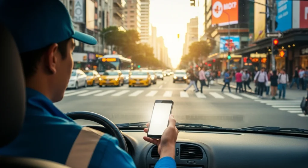 A Nova Previdência para Trabalhadores de Aplicativo: O PLP 152/2025 Vai Mudar Seu Bolso e Seus Direitos! Entenda Tudo Agora. 1 Imagem horizontal de um trabalhador de app com smartphone em uma rua movimentada, destacando contribuição previdenciária trabalhadores app