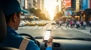 Imagem horizontal de um trabalhador de app com smartphone em uma rua movimentada, destacando contribuição previdenciária trabalhadores app