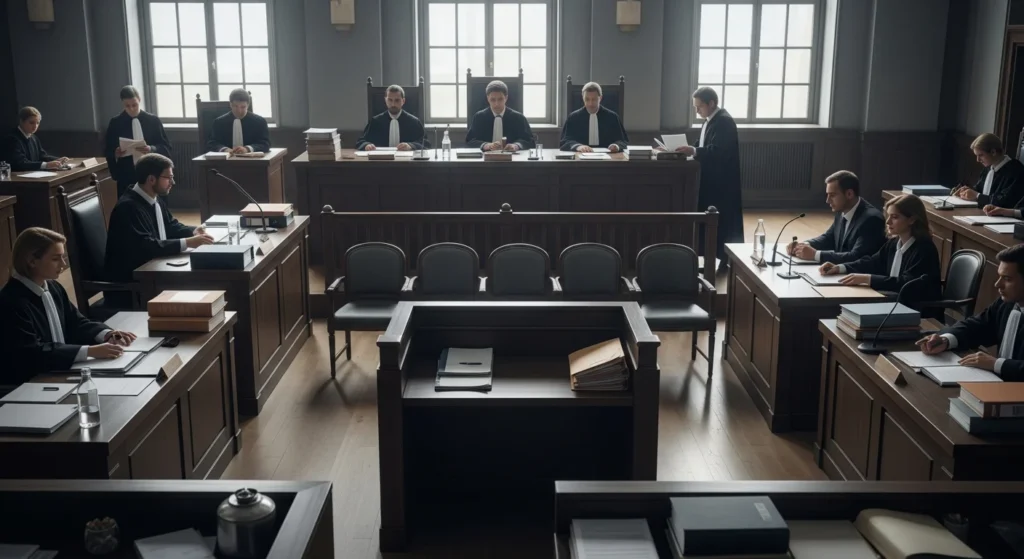 Fim da Pejotização na Justiça do Trabalho? TRT-15 Segue STF e Redefine Competência: Saiba Onde Reclamar Seu Vínculo PJ Agora! 1 Imagem horizontal de tribunal com juízes e advogados, mesa vazia e cadeiras ao fundo, refletindo decisão do TRT-15 sobre vínculo com PJ.