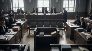 Imagem horizontal de tribunal com juízes e advogados, mesa vazia e cadeiras ao fundo, refletindo decisão do TRT-15 sobre vínculo com PJ.