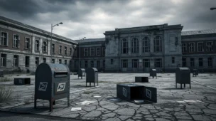 Imagem de uma praça postal vazia com caixotes abandonados, prédios antigos do Correios e céu nublado, simbolizando crise financeira que enfrenta a instituição.