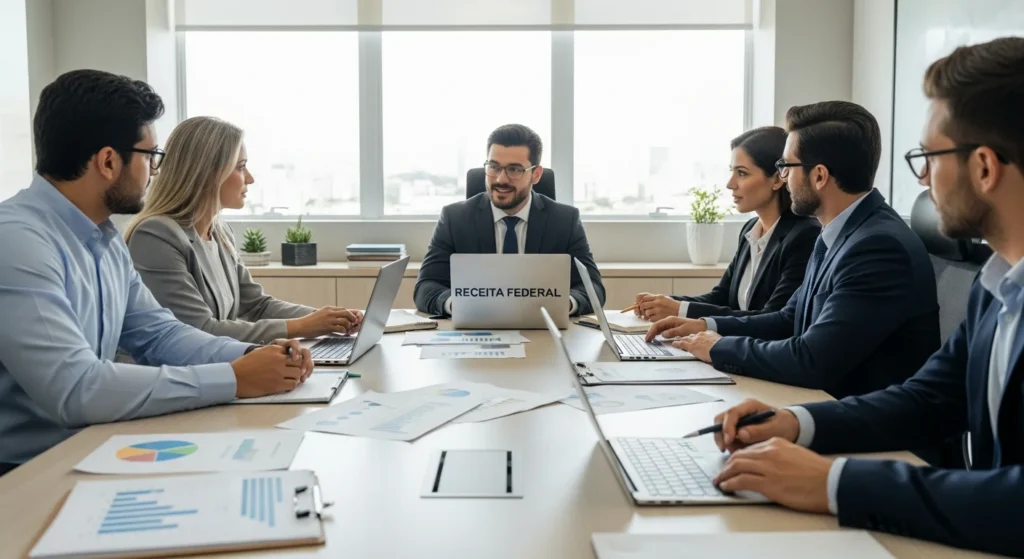Reunião de empresários com representante da Receita Federal discutindo programa confia receita ponte