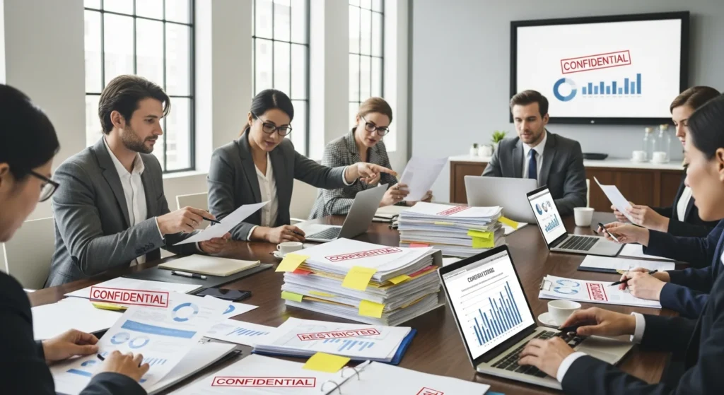 JUCESP Descomplica: Otimize sua Ata de Distribuição de Lucros! Aprenda a separar dados públicos de informações sensíveis agora. 1 Imagem de uma sala de reunião com funcionários analisando documentos, destacando jucesp detalha ata distribuição e confidencialidade