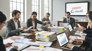 Imagem de uma sala de reunião com funcionários analisando documentos, destacando jucesp detalha ata distribuição e confidencialidade