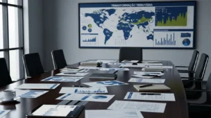 Cena de reunião moderna sobre o fim câmara contencioso pontos, com mapas e gráficos ao fundo