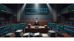 Imagem de tribunal com juiz, documentos e gráficos de energia, simbolizando condenação de empresas cartel pelo Cade