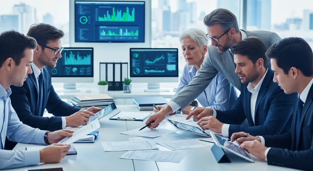 Confaz Anuncia Revolução Fiscal para 2026: Tudo o que Sua Empresa Precisa Saber Sobre Logística Reversa, NF-e e Assinatura Digital! 1 Equipe de profissionais analisando documentos fiscais e tablets em escritório com elementos de gráficos em tons de azul e cinza, representando confaz novas regras fiscais.