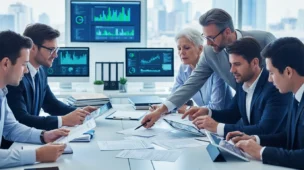Equipe de profissionais analisando documentos fiscais e tablets em escritório com elementos de gráficos em tons de azul e cinza, representando confaz novas regras fiscais.