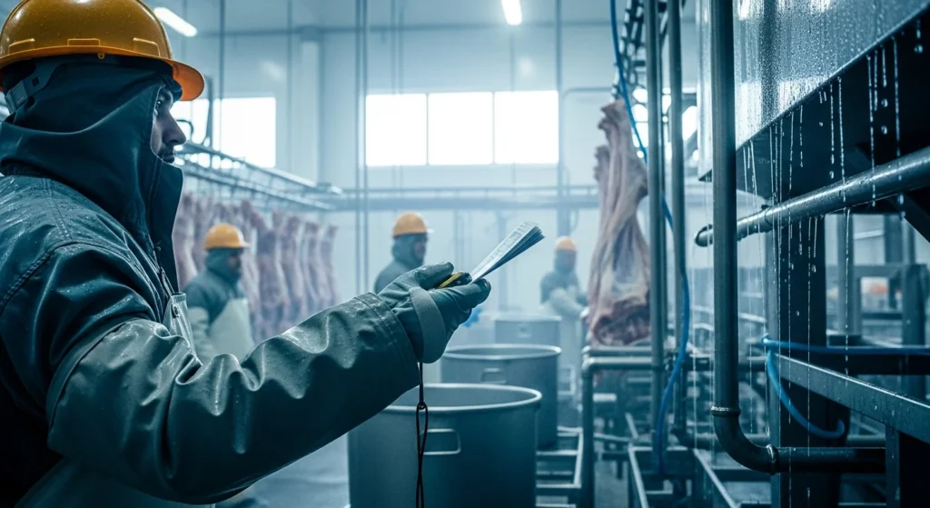 Pausa Térmica em Frigoríficos: A Batalha Judicial Pelo Ônus da Prova que Gera Caos e Insegurança na Justiça do Trabalho Brasileira 1 Imagem de frigorífico com trabalhadores usando equipamentos de proteção, ambiente frio com gotículas, foco em mão segurando documento, cores azuis e cinzas
