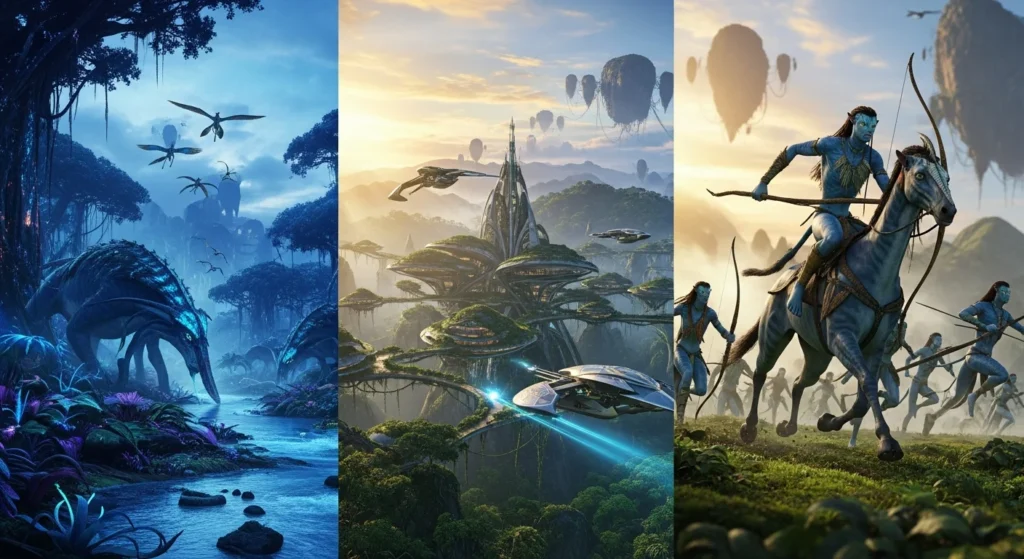 Prepare a pipoca! Avatar 3, Emily em Paris e Asa Branca: Descubra todas as novidades imperdíveis de filmes e séries no cinema e streaming. 1 Imagem com cenas de Avatar 3 Emily Paris: Pandora, cidade futurista e Na'vi ao pôr do sol