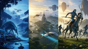 Imagem com cenas de Avatar 3 Emily Paris: Pandora, cidade futurista e Na'vi ao pôr do sol
