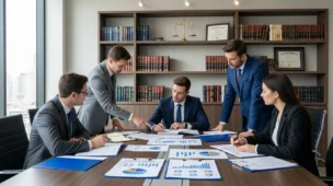 Imagem de modernos advogados em reunião discutindo documentos e planejamento jurídico, destaque para sociedade advogados escolha crucial.