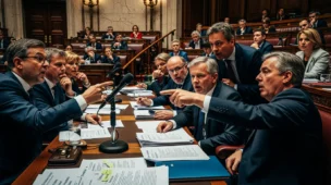 Câmara dos Deputados em sessão com deputados debatendo, destaque para microfone, documentos, cores fortes e sombra intensa, influência do teto 2 bebidas açucaradas.