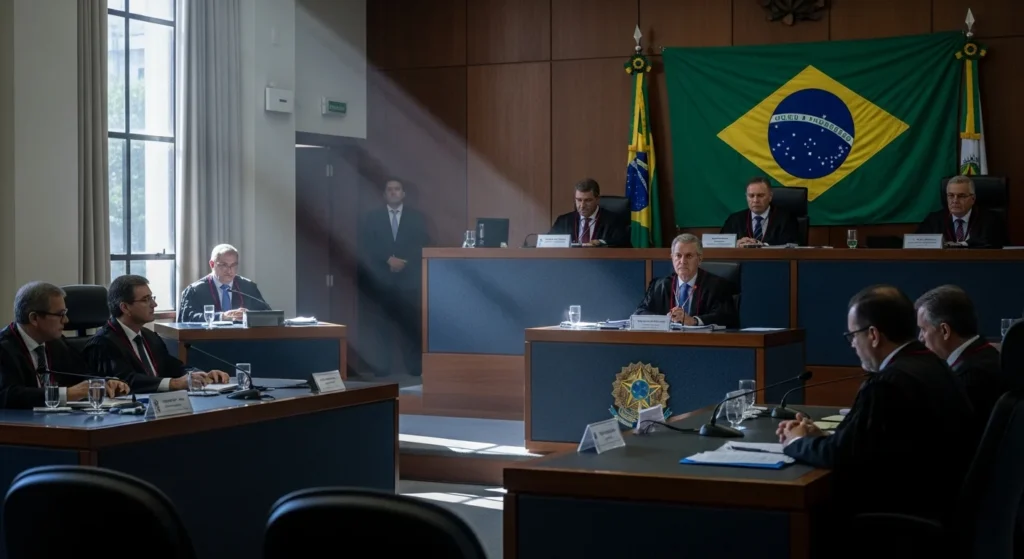 STJ impõe limites à Fazenda Pública: Entenda como a decisão do Tema 1.350 protege contribuintes na execução fiscal e garante segurança jurídica. 1 Cena de uma sala de tribunal do STJ com pessoas debatendo, bandeira do Brasil ao fundo, cores sóbrias