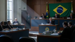Cena de uma sala de tribunal do STJ com pessoas debatendo, bandeira do Brasil ao fundo, cores sóbrias