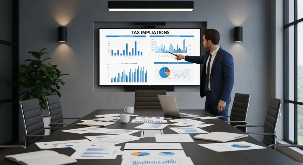 Sala de reuniões com gráficos financeiros e profissional analisando antecipação tributária IBS CBS